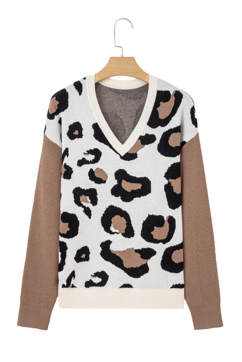 Leopard Print Contrast Sleeve V Neck Knit Sweater