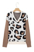Leopard Print Contrast Sleeve V Neck Knit Sweater