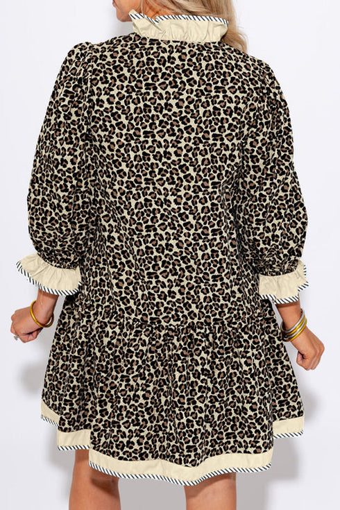 Leopard Print Contrast Trim Bracelet Sleeve Mini Dress