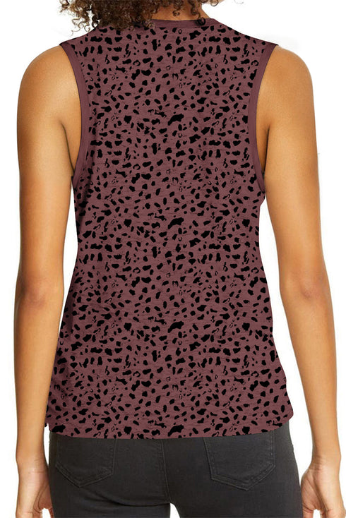 Leopard Print Contrast Trim Crew Neck Sleeveless Tank Top