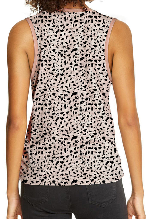 Leopard Print Contrast Trim Crew Neck Sleeveless Tank Top