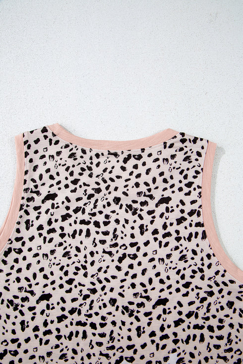 Leopard Print Contrast Trim Crew Neck Sleeveless Tank Top