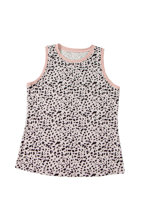 Leopard Print Contrast Trim Crew Neck Sleeveless Tank Top