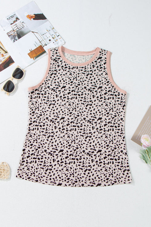 Leopard Print Contrast Trim Crew Neck Sleeveless Tank Top