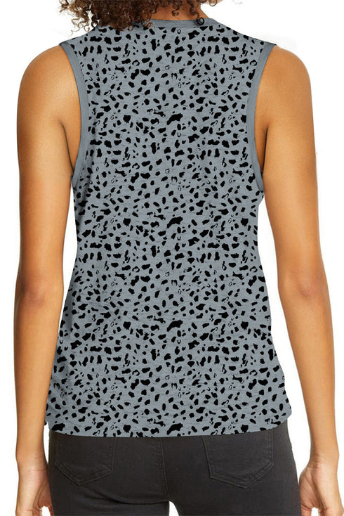 Leopard Print Contrast Trim Crew Neck Sleeveless Tank Top