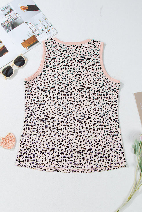 Leopard Print Contrast Trim Crew Neck Sleeveless Tank Top