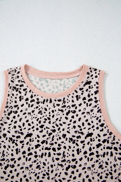 Leopard Print Contrast Trim Crew Neck Sleeveless Tank Top