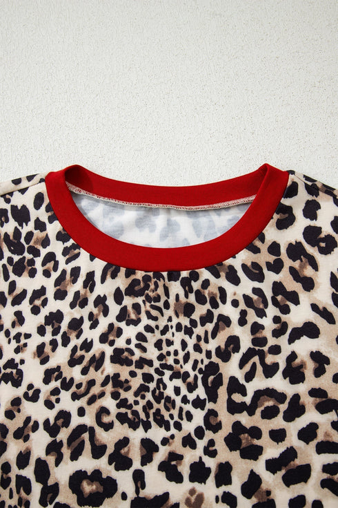 Leopard Print Contrast Trim Long Sleeve Knit Top