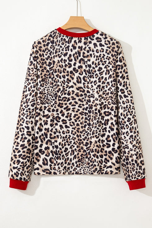 Leopard Print Contrast Trim Long Sleeve Knit Top