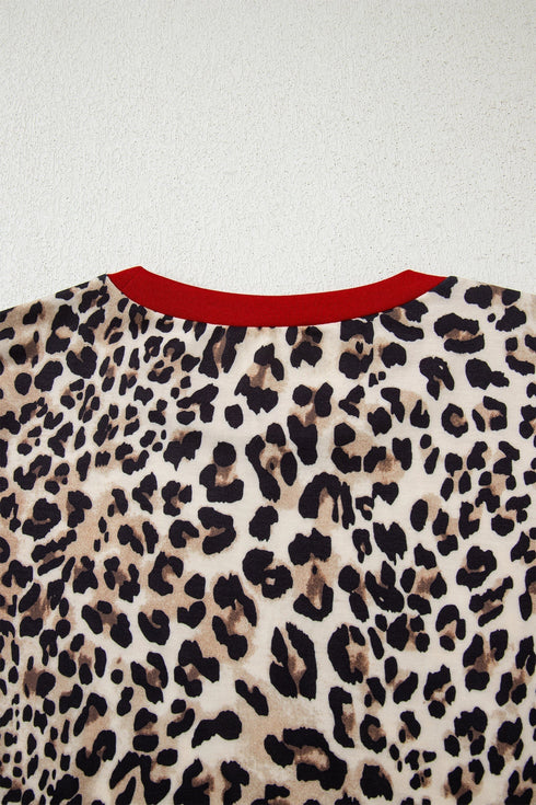 Leopard Print Contrast Trim Long Sleeve Knit Top