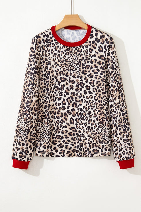 Leopard Print Contrast Trim Long Sleeve Knit Top