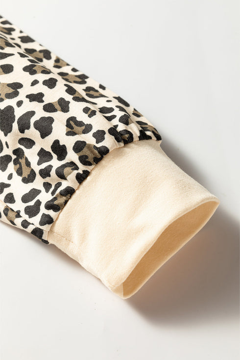 Leopard Print Contrast Trim Long Sleeve Pullover Drawstring Pocket Short Set