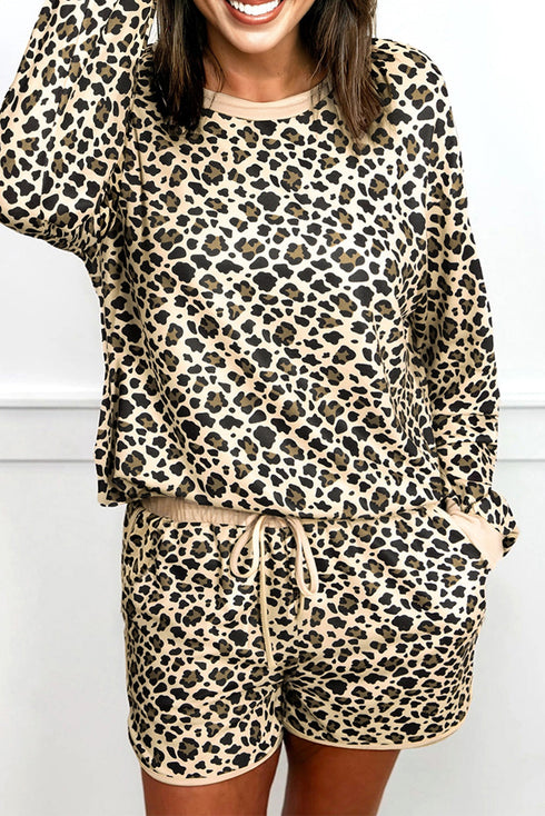 Leopard Print Contrast Trim Long Sleeve Pullover Drawstring Pocket Short Set