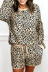 Leopard Print Contrast Trim Long Sleeve Pullover Drawstring Pocket Short Set