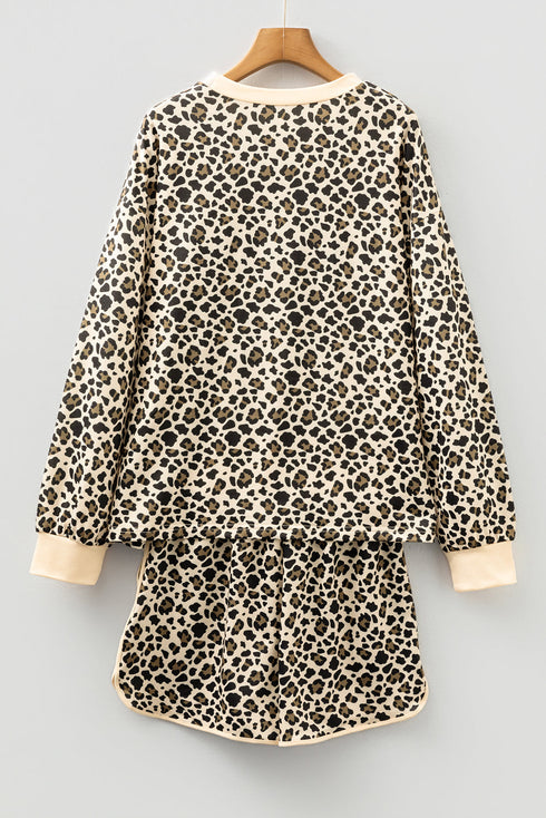 Leopard Print Contrast Trim Long Sleeve Pullover Drawstring Pocket Short Set