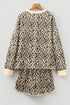 Leopard Print Contrast Trim Long Sleeve Pullover Drawstring Pocket Short Set