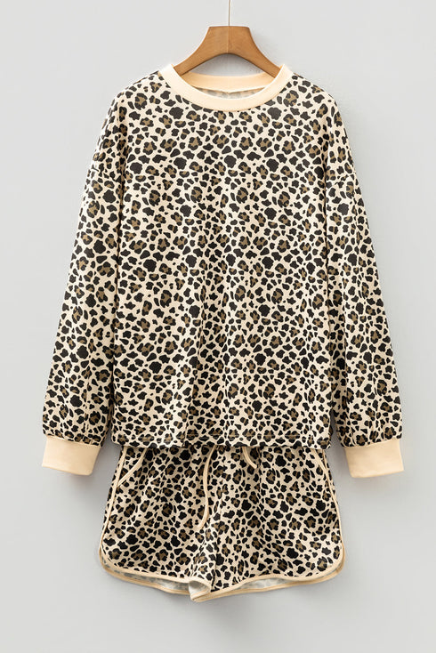 Leopard Print Contrast Trim Long Sleeve Pullover Drawstring Pocket Short Set