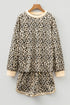 Leopard Print Contrast Trim Long Sleeve Pullover Drawstring Pocket Short Set