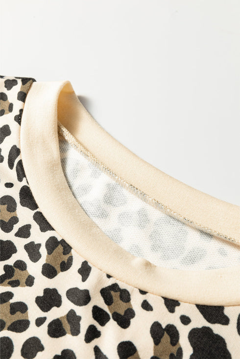 Leopard Print Contrast Trim Long Sleeve Pullover Drawstring Pocket Short Set
