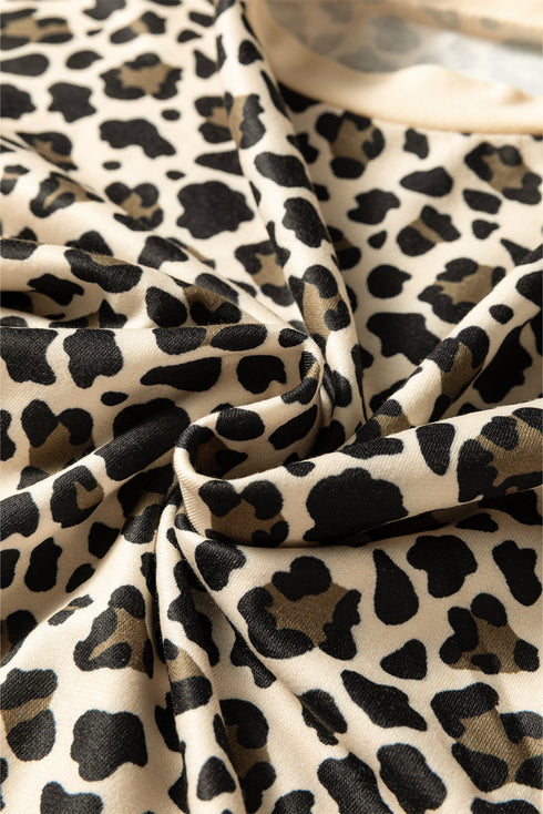 Leopard Print Contrast Trim Long Sleeve Pullover Short Set