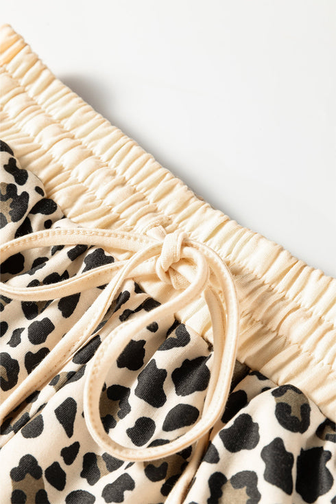 Leopard Print Contrast Trim Long Sleeve Pullover Short Set