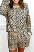 Leopard Print Contrast Trim Long Sleeve Pullover Short Set