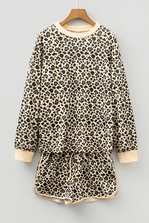 Leopard Print Contrast Trim Long Sleeve Pullover Short Set