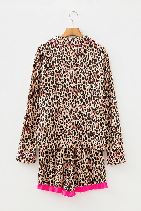 Leopard Print Contrast Trim Long Sleeve Ruffle Short Set