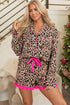 Leopard Print Contrast Trim Long Sleeve Ruffle Short Set