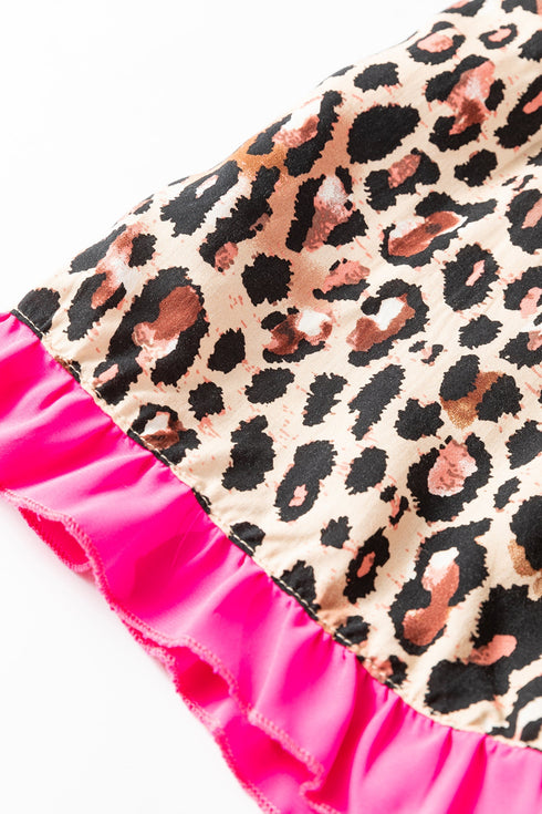 Leopard Print Contrast Trim Long Sleeve Ruffle Short Set