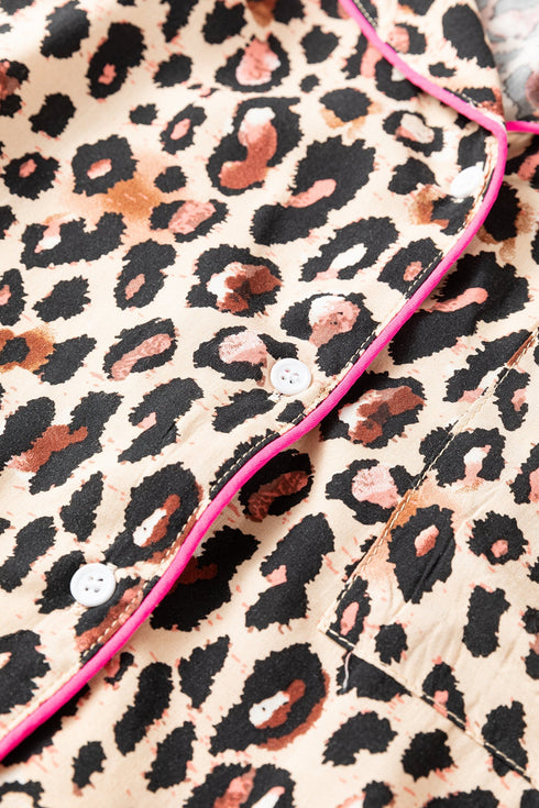 Leopard Print Contrast Trim Long Sleeve Ruffle Short Set