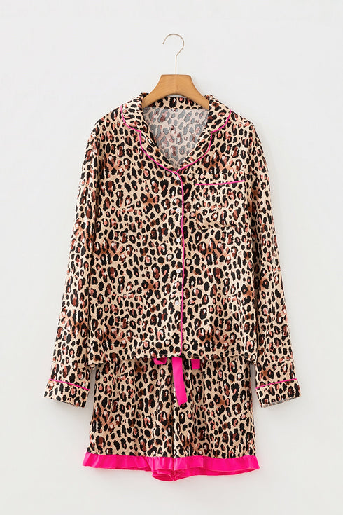 Leopard Print Contrast Trim Long Sleeve Ruffle Short Set