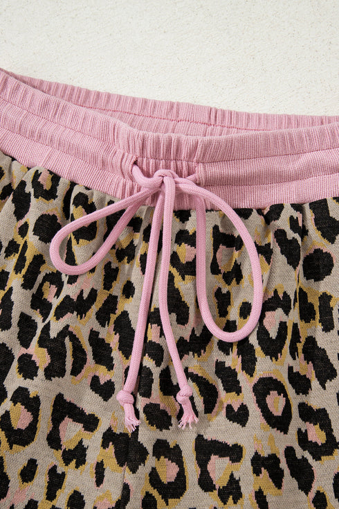 Leopard Print Contrast Trim Pullover Drawstring Short Sets