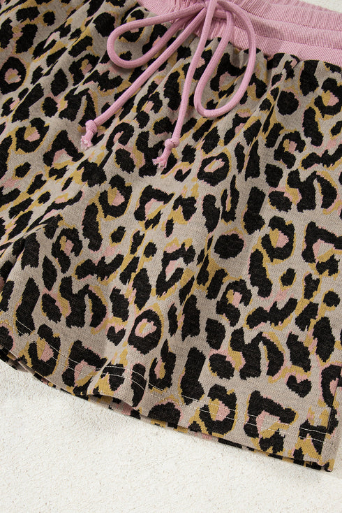Leopard Print Contrast Trim Pullover Drawstring Short Sets
