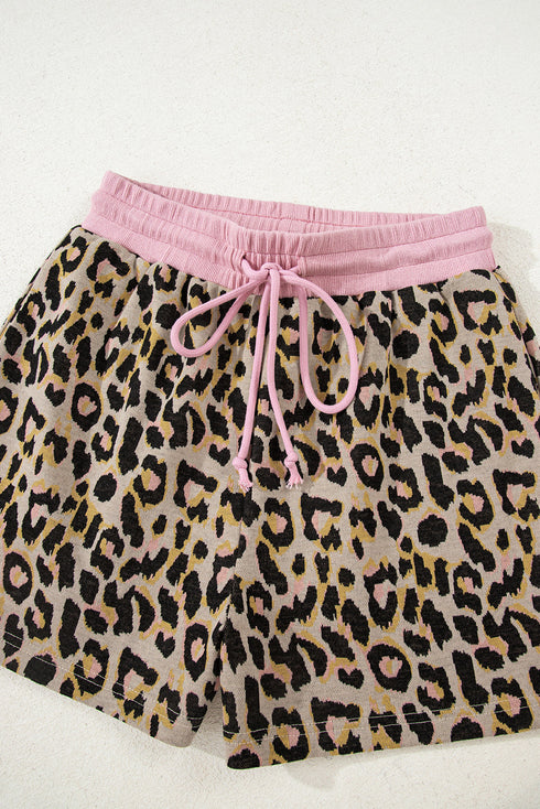 Leopard Print Contrast Trim Pullover Drawstring Short Sets
