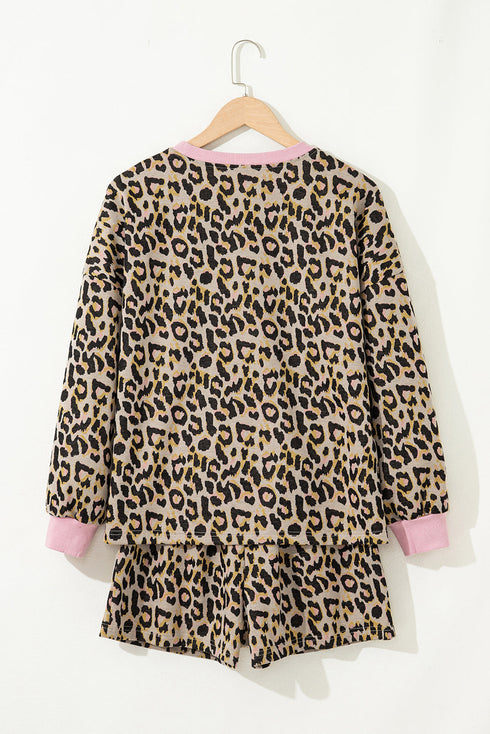 Leopard Print Contrast Trim Pullover Drawstring Short Sets