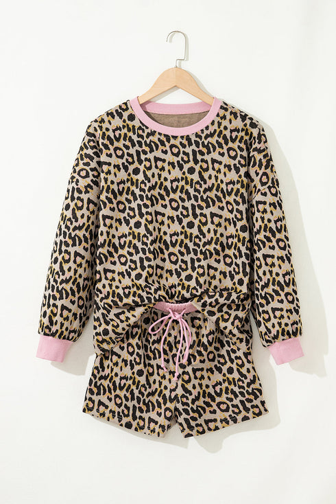 Leopard Print Contrast Trim Pullover Drawstring Short Sets
