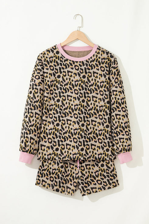 Leopard Print Contrast Trim Pullover Drawstring Short Sets