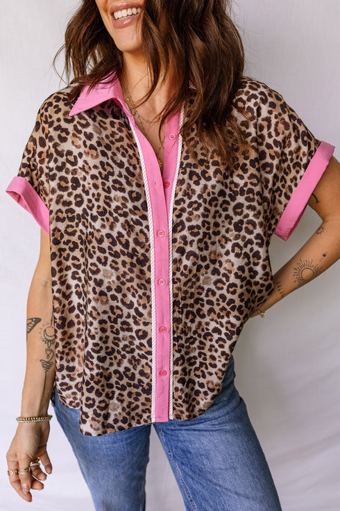 Leopard Print Contrast Trim Short Sleeve Button Down Shirt