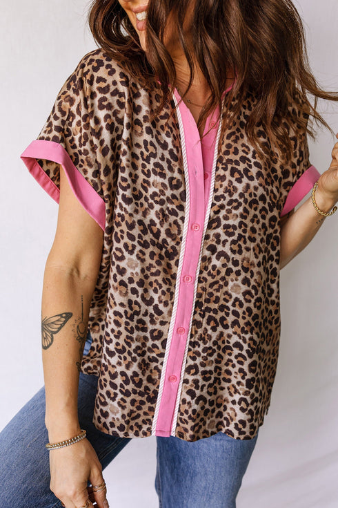 Leopard Print Contrast Trim Short Sleeve Button Down Shirt
