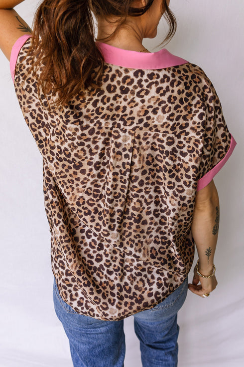 Leopard Print Contrast Trim Short Sleeve Button Down Shirt