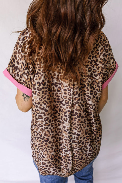 Leopard Print Contrast Trim Short Sleeve Button Down Shirt