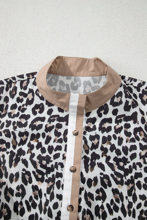 Leopard Print Contrast Trim Split Neck Long Sleeve Top