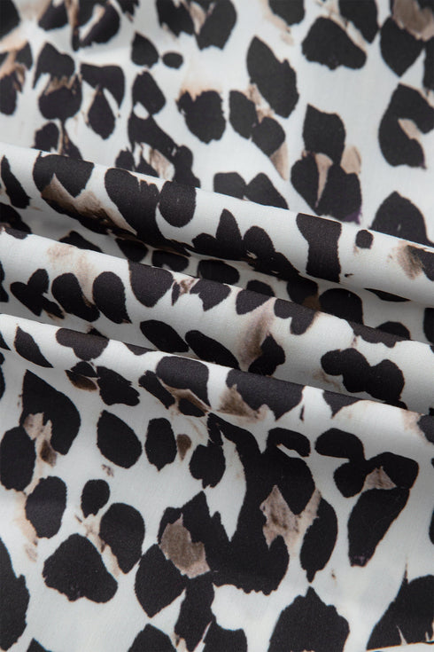 Leopard Print Contrast Trim Split Neck Long Sleeve Top