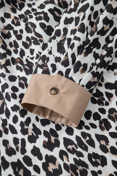 Leopard Print Contrast Trim Split Neck Long Sleeve Top