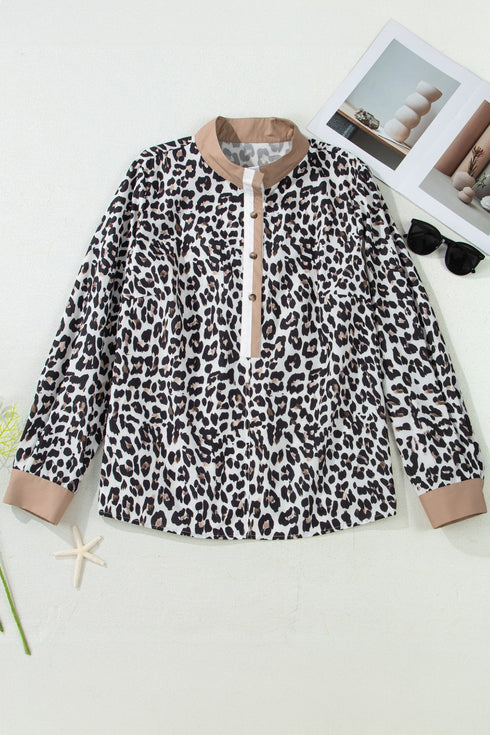 Leopard Print Contrast Trim Split Neck Long Sleeve Top