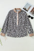 Leopard Print Contrast Trim Split Neck Long Sleeve Top