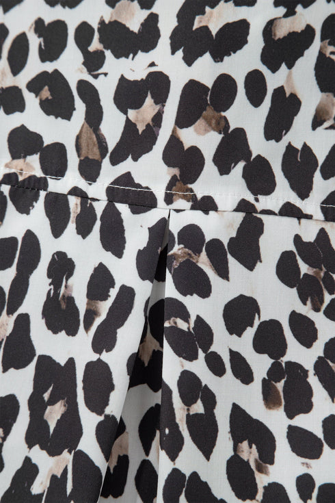 Leopard Print Contrast Trim Split Neck Long Sleeve Top
