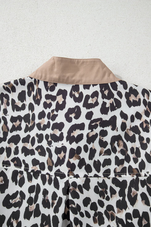 Leopard Print Contrast Trim Split Neck Long Sleeve Top