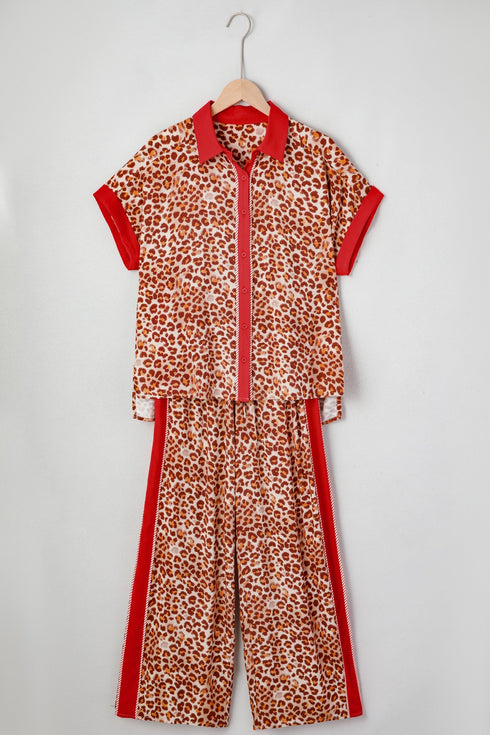 Leopard Print Contrast Trim Western Matching Pant Set